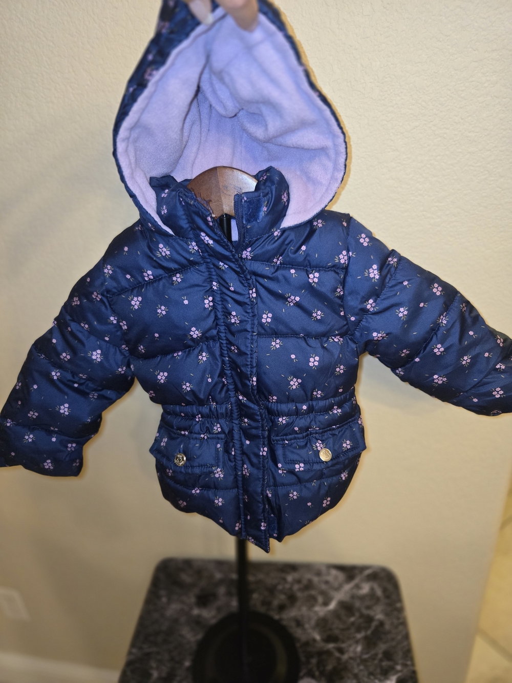 Pink Platinum Navy Floral Puffer Jacket with Lavender Hood Lining